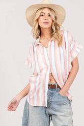 SAGE+FIG Full Size Multi Stripe Button Down Short Sleeve Shirt Plus Size PINK OutfitFlow